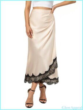 Lace Trim Satin Midi Skirt Side Ruched Asymmetrical Wrap Hem